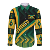 Long-sleeve button shirt in black with green and yellow Kente-style diagonal print, crest