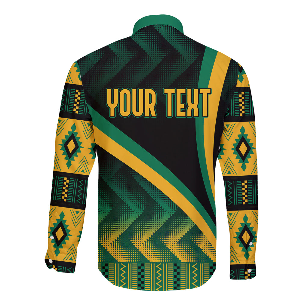 Long-sleeve button shirt back with green and yellow Kente-style diagonal print, 'YOUR TEXT'