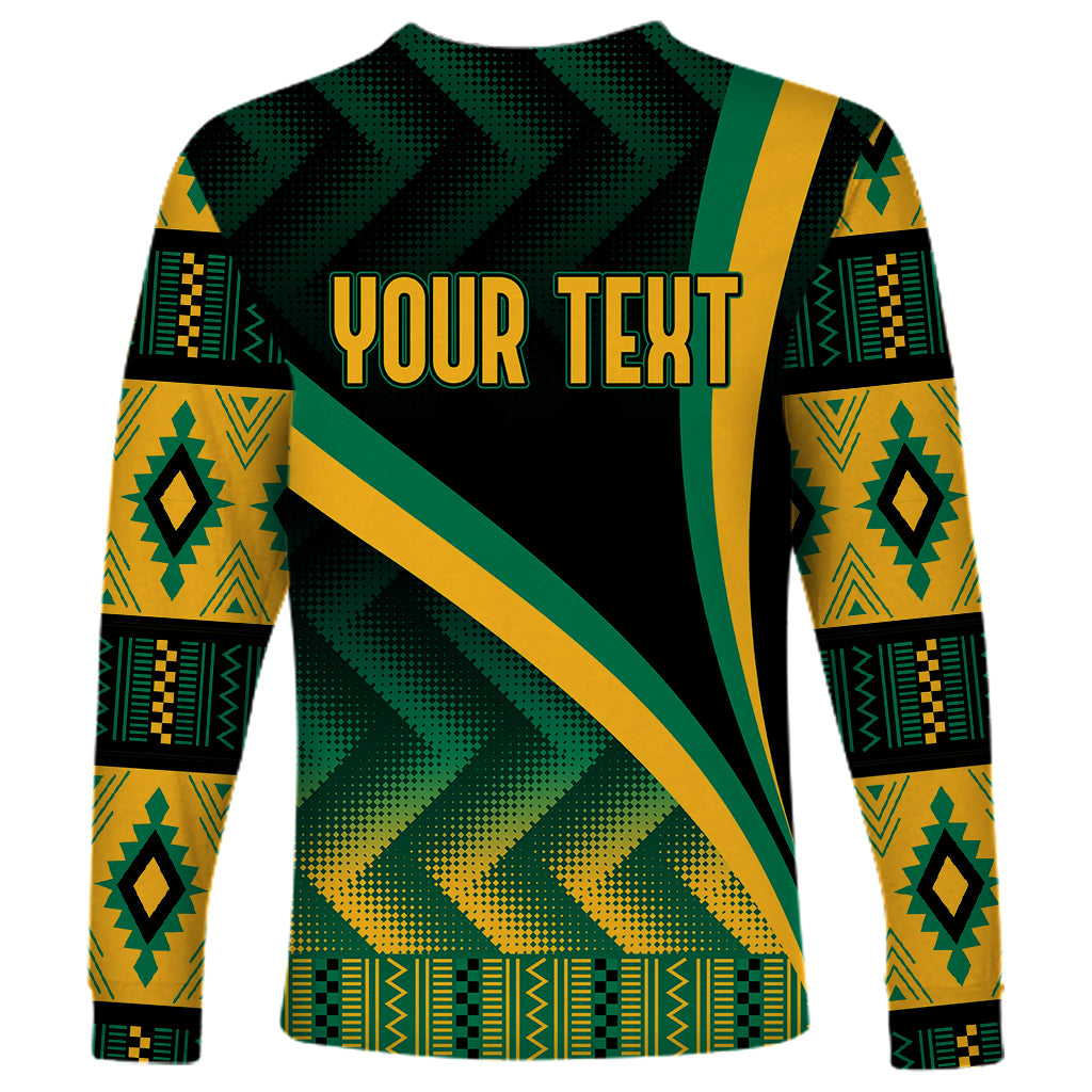 Long-sleeve shirt with black, green, and yellow kente-style pattern and 'YOUR TEXT' front