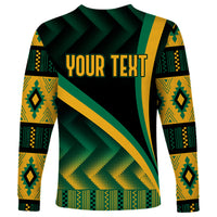 Long-sleeve shirt with black, green, and yellow kente-style pattern and 'YOUR TEXT' front