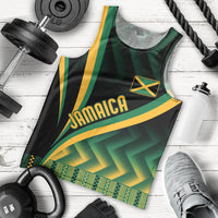 Men's black tank top with Jamaica graphic and green-yellow kente pattern