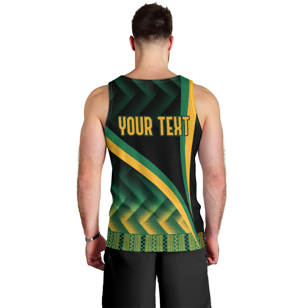 Men's black tank top back view with green kente pattern and 'YOUR TEXT'