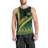 Men's black tank top with Jamaica logo and green kente pattern across chest