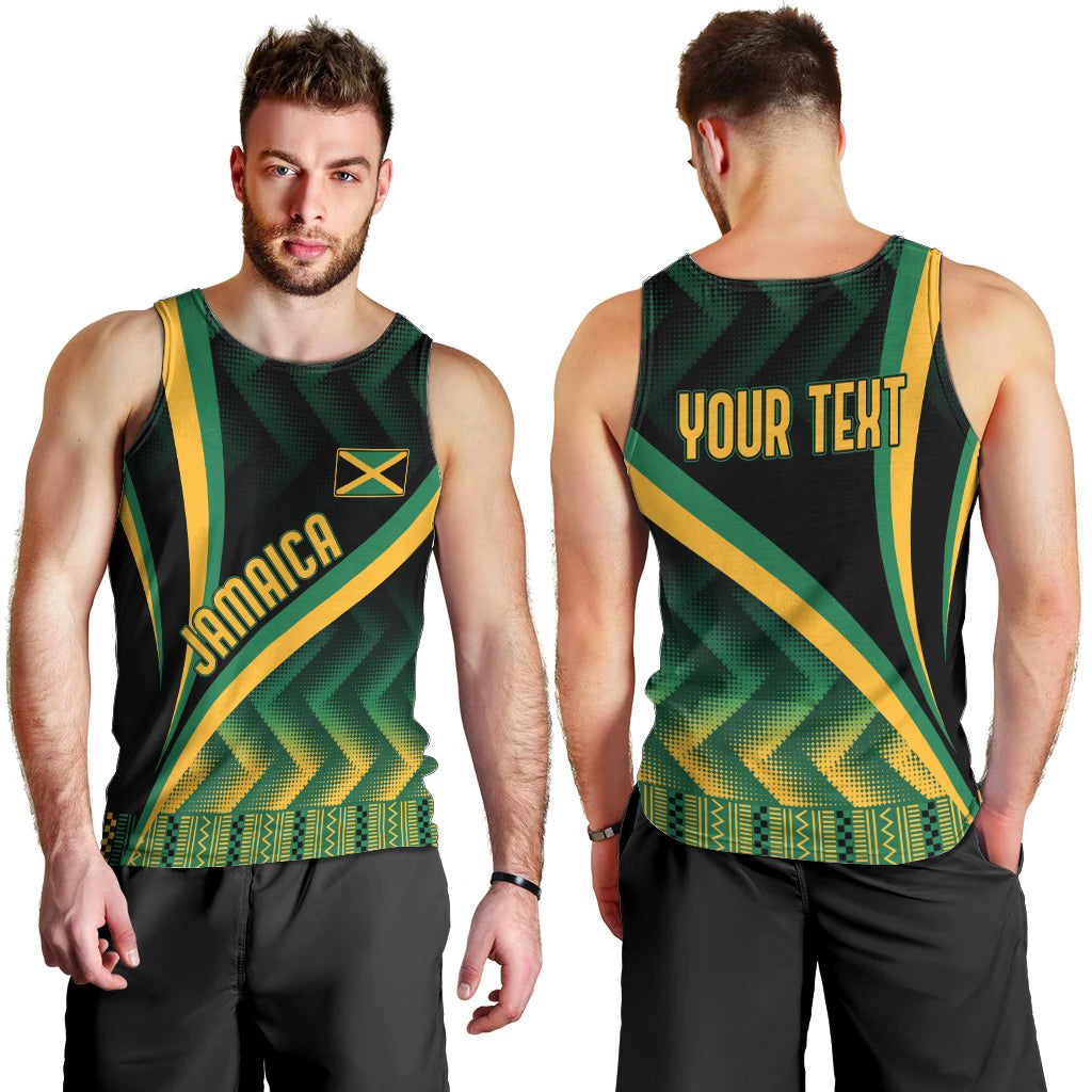 Men's black tank top front and back, green kente design with Jamaica and 'YOUR TEXT'