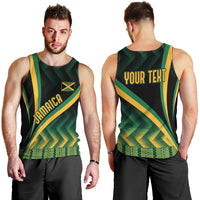Men's black tank top front and back, green kente design with Jamaica and 'YOUR TEXT'