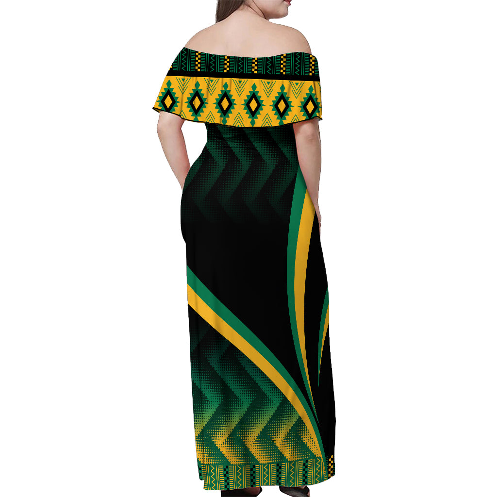 Jamaica Off Shoulder Maxi Dress Kente Pattern Basic - Black - Wonder Print Shop
