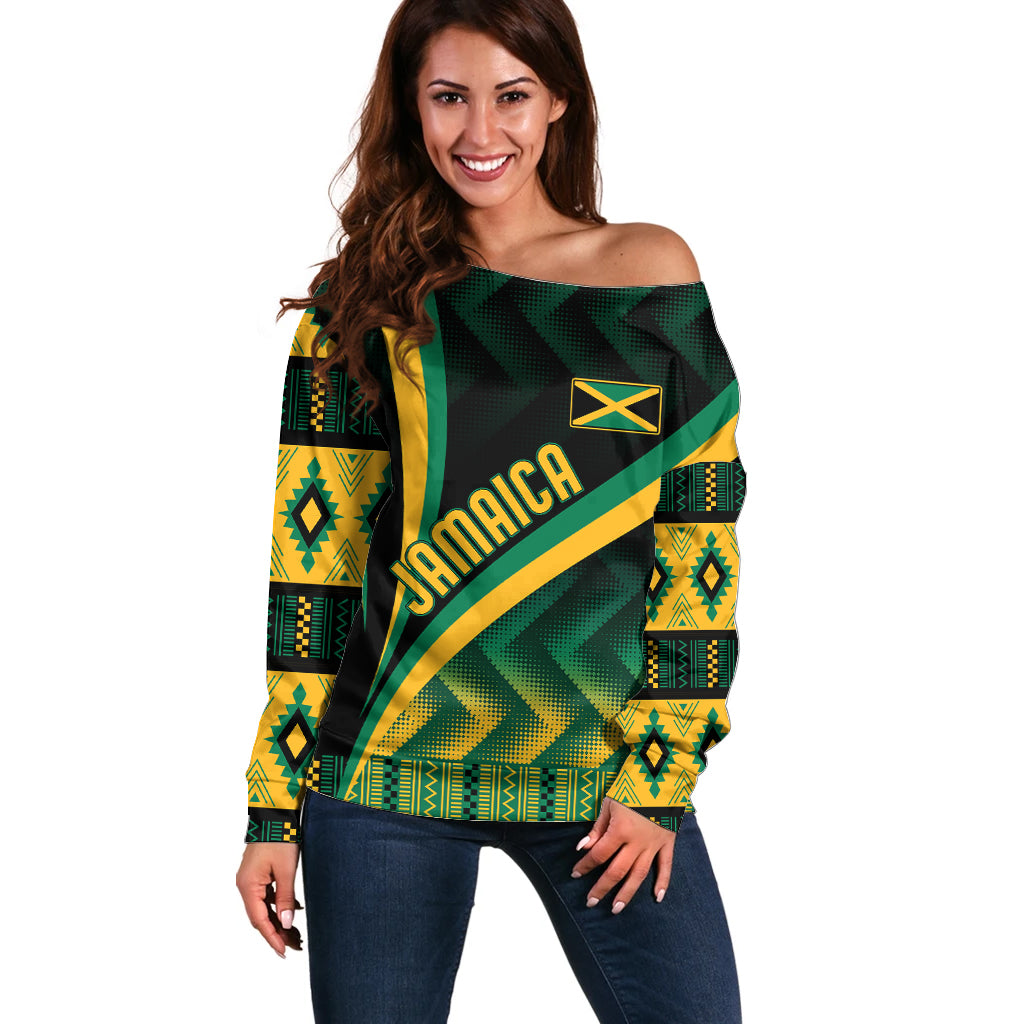 Personalised Jamaica Off Shoulder Sweater Kente Pattern Basic - Black - Wonder Print Shop