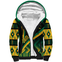 Black sherpa hoodie with green/yellow kente sleeves and white-lined hood