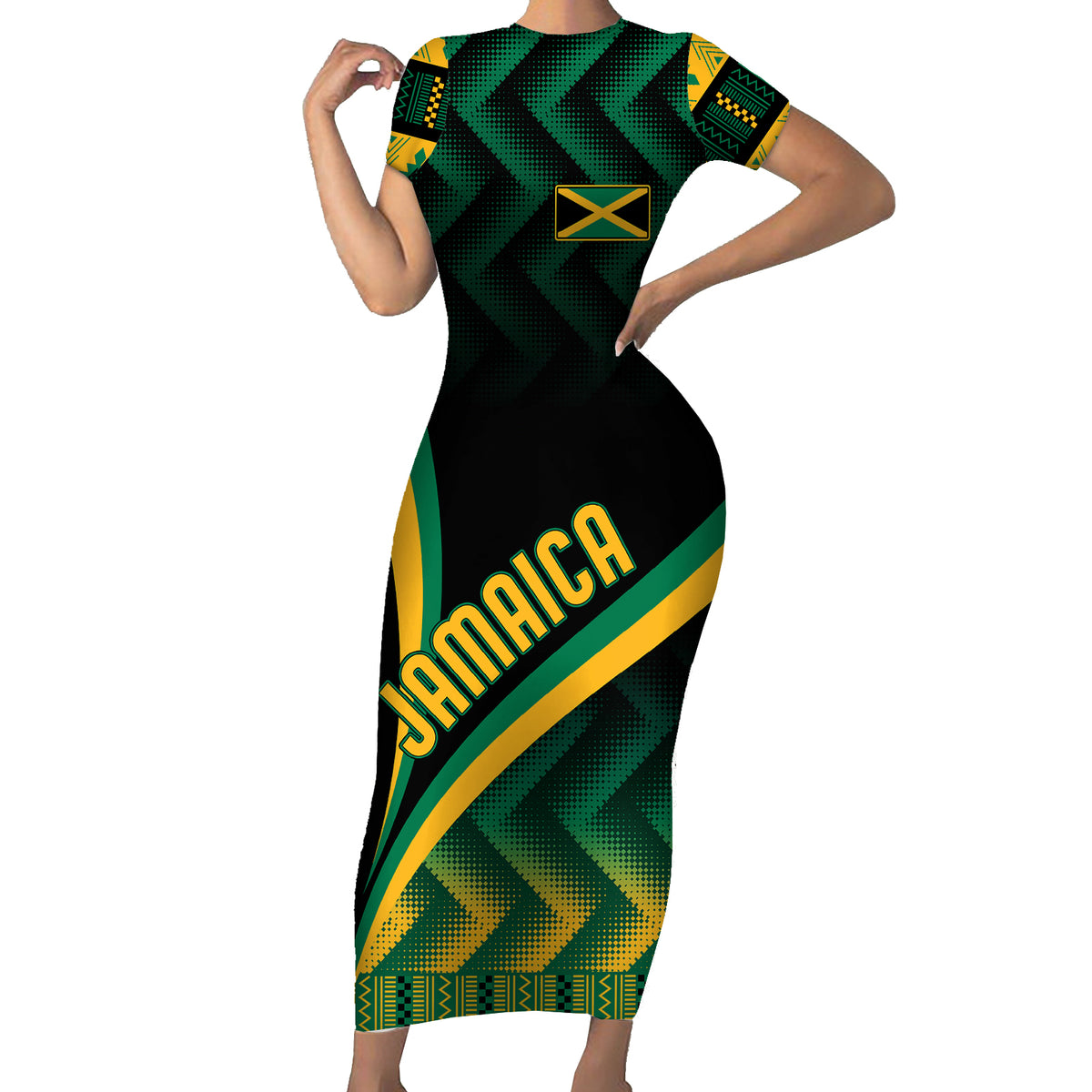 Jamaica Short Sleeve Bodycon Dress Kente Pattern Basic - Black - Wonder Print Shop
