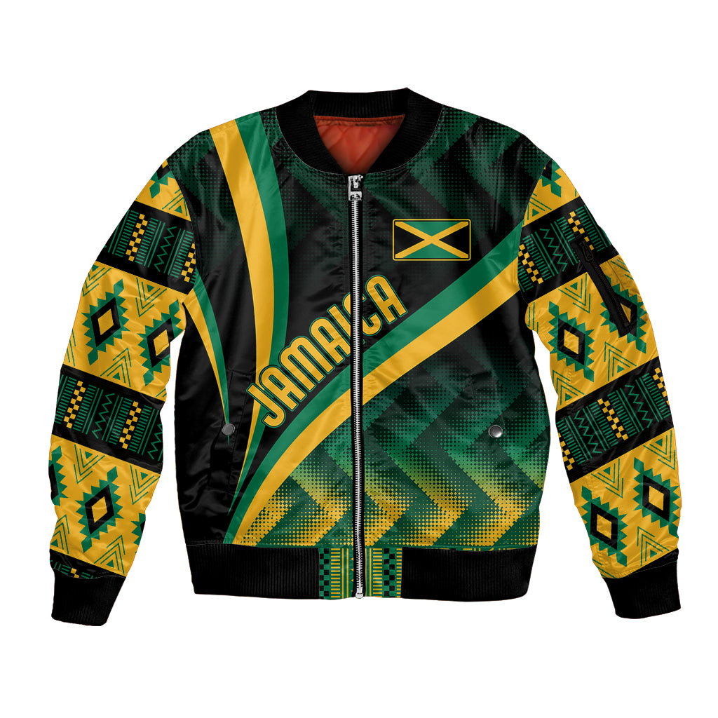 Personalised Jamaica Sleeve Zip Bomber Jacket Kente Pattern Basic - Black - Wonder Print Shop