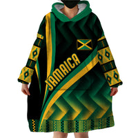Wearable blanket hoodie with green hood, Jamaica diagonal print and kente sleeve patterns