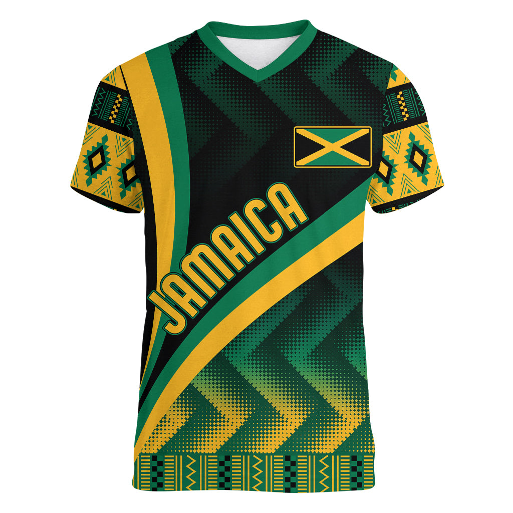 Personalised Jamaica Women V Neck T Shirt Kente Pattern Basic - Black - Wonder Print Shop