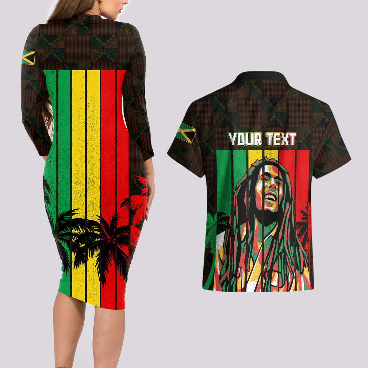 Personalised Jamaica Couples Matching Long Sleeve Bodycon Dress and Hawaiian Shirt Reggae Festival Legend Bob Abstract Portrait LT7 - Wonder Print Shop