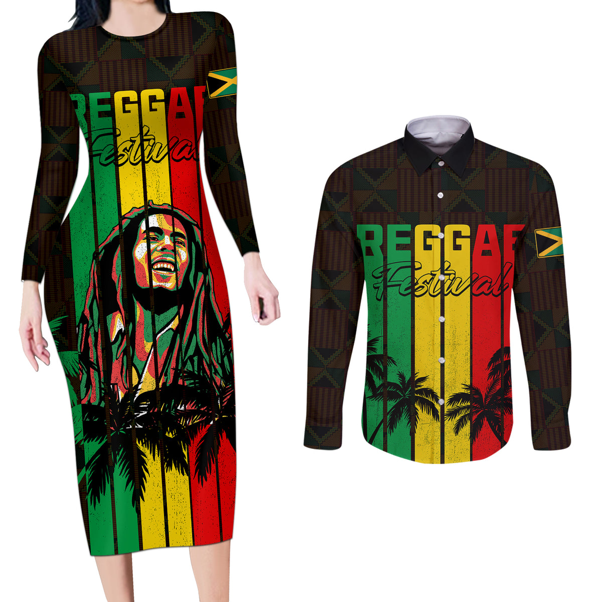 Personalised Jamaica Couples Matching Long Sleeve Bodycon Dress and Long Sleeve Button Shirts Reggae Festival Legend Bob Abstract Portrait LT7 - Wonder Print Shop
