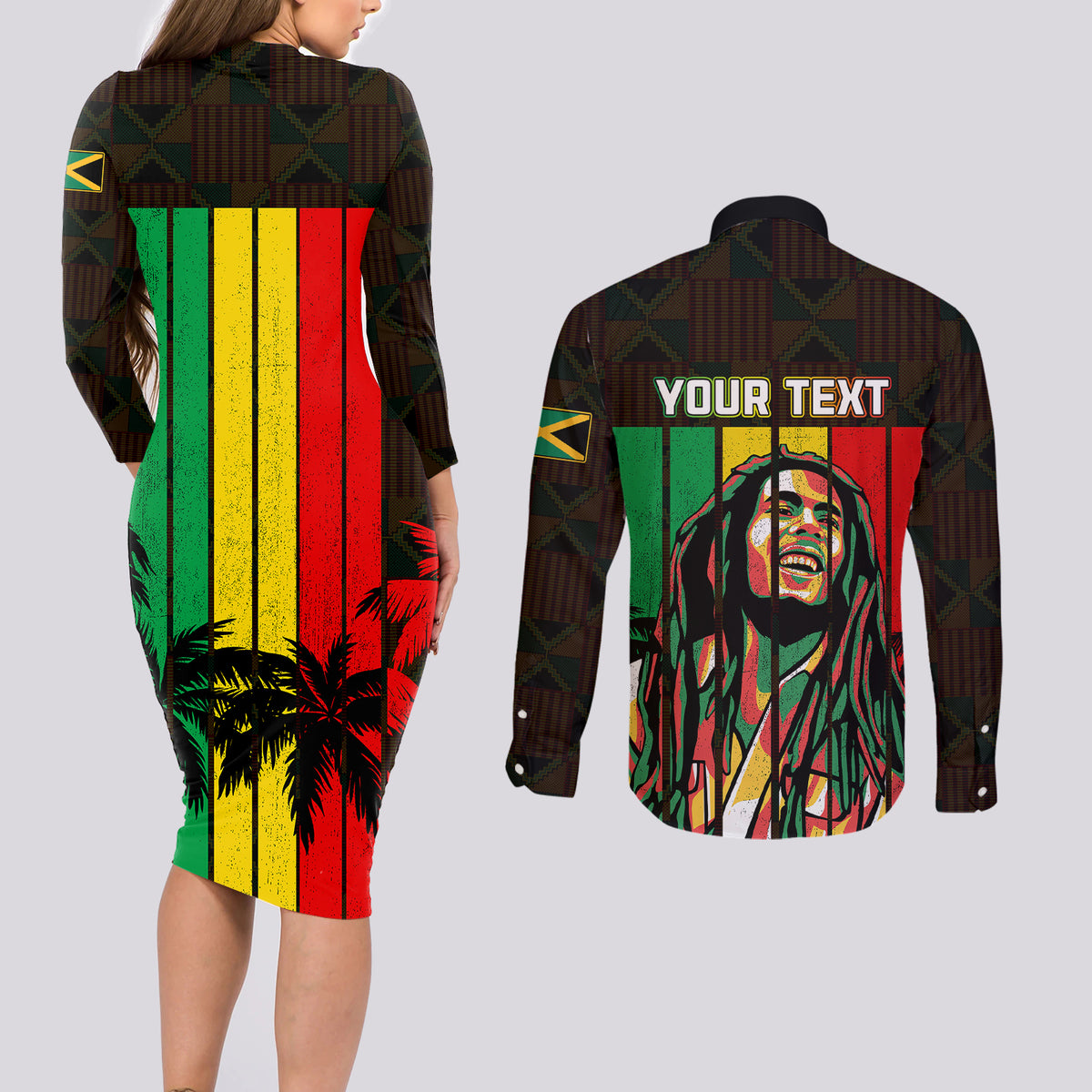 Personalised Jamaica Couples Matching Long Sleeve Bodycon Dress and Long Sleeve Button Shirts Reggae Festival Legend Bob Abstract Portrait LT7 - Wonder Print Shop