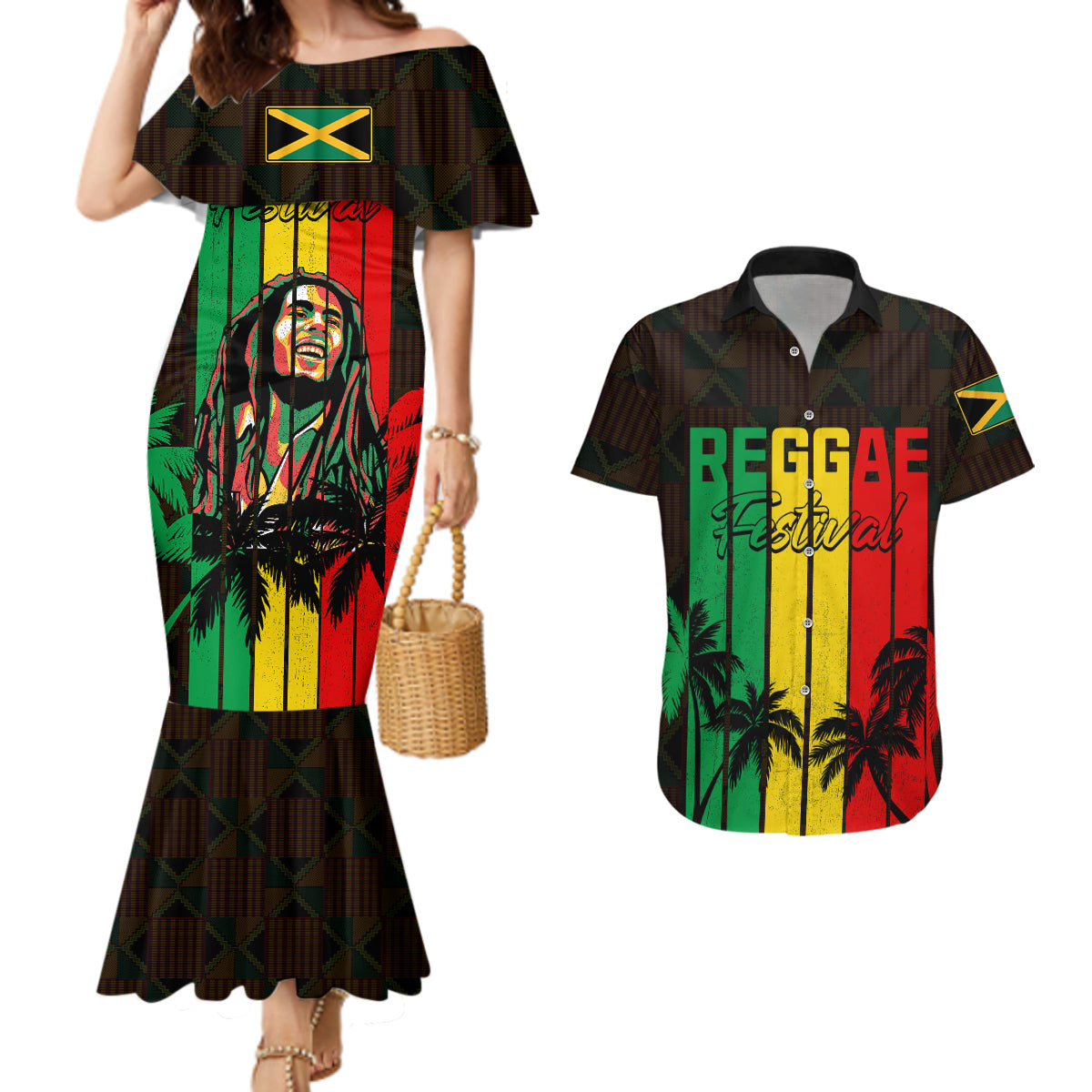 Personalised Jamaica Couples Matching Mermaid Dress And Hawaiian Shirt Reggae Festival Legend Bob Abstract Portrait LT7 - Wonder Print Shop
