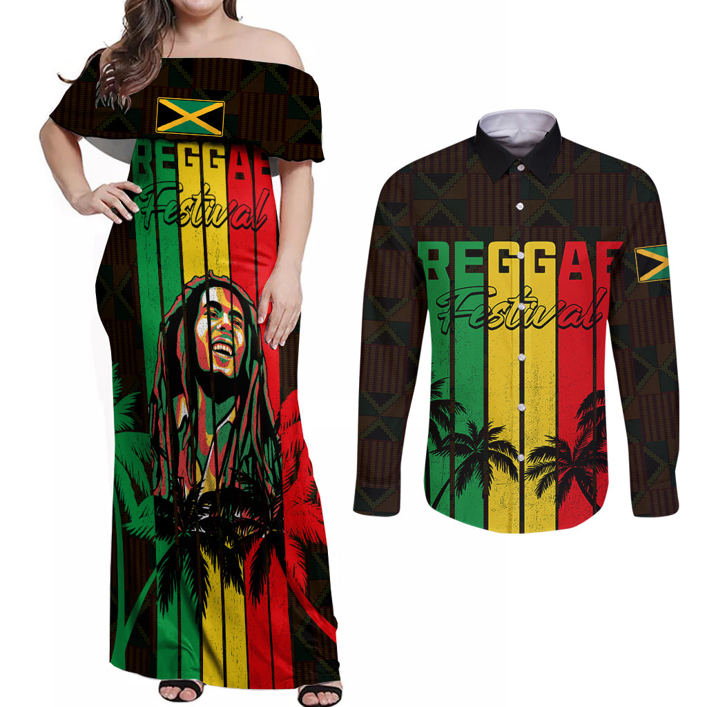 Personalised Jamaica Couples Matching Off Shoulder Maxi Dress and Long Sleeve Button Shirts Reggae Festival Legend Bob Abstract Portrait LT7 - Wonder Print Shop