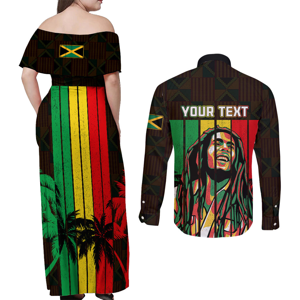 Personalised Jamaica Couples Matching Off Shoulder Maxi Dress and Long Sleeve Button Shirts Reggae Festival Legend Bob Abstract Portrait LT7 - Wonder Print Shop
