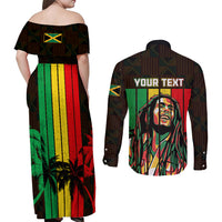 Personalised Jamaica Couples Matching Off Shoulder Maxi Dress and Long Sleeve Button Shirts Reggae Festival Legend Bob Abstract Portrait LT7 - Wonder Print Shop