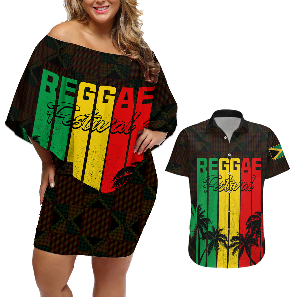 Personalised Jamaica Couples Matching Off Shoulder Short Dress and Hawaiian Shirt Reggae Festival Legend Bob Abstract Portrait LT7 - Wonder Print Shop
