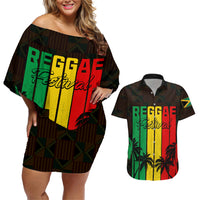 Personalised Jamaica Couples Matching Off Shoulder Short Dress and Hawaiian Shirt Reggae Festival Legend Bob Abstract Portrait LT7 - Wonder Print Shop