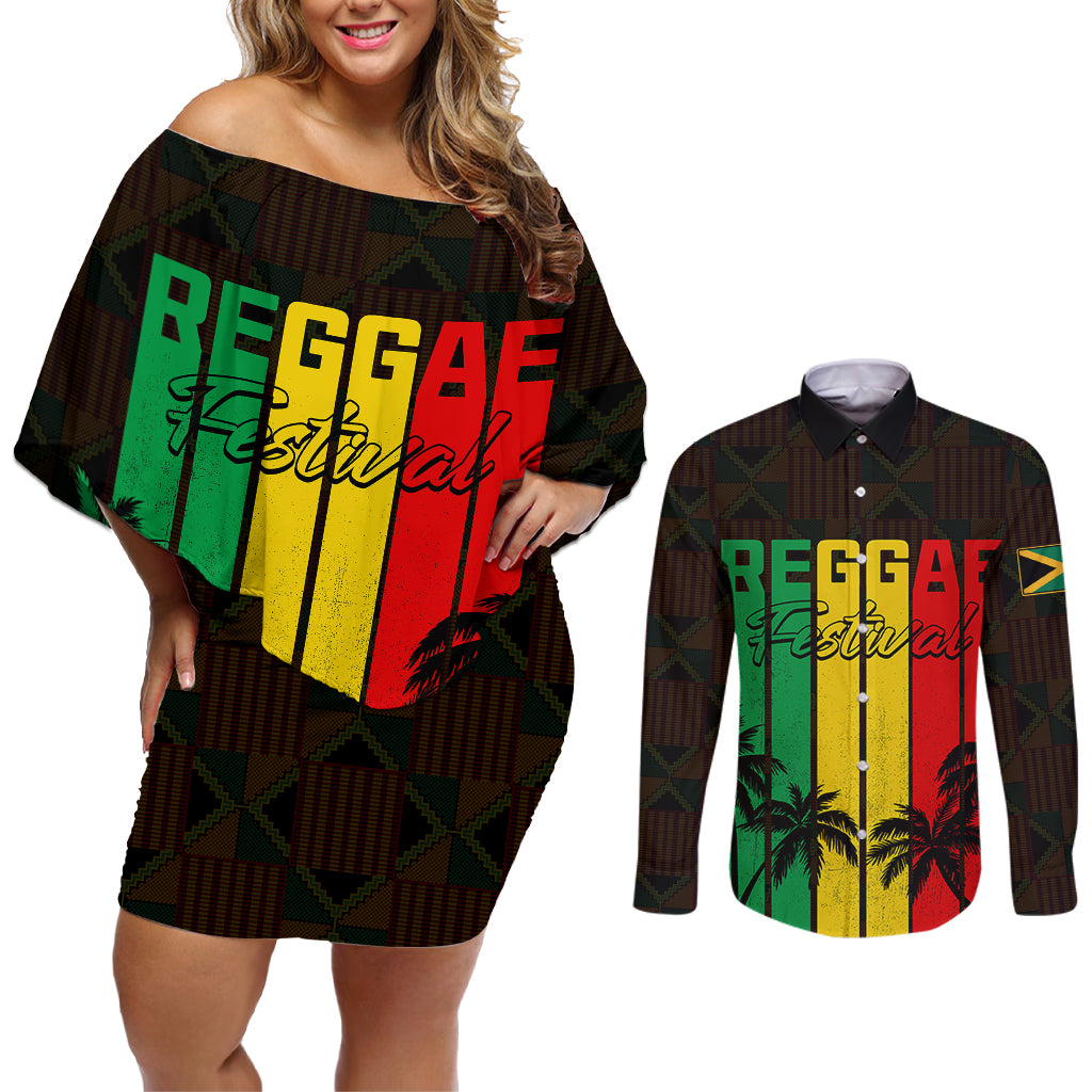 Personalised Jamaica Couples Matching Off Shoulder Short Dress and Long Sleeve Button Shirts Reggae Festival Legend Bob Abstract Portrait LT7 - Wonder Print Shop