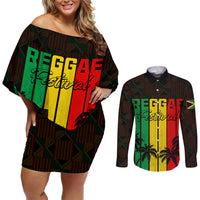 Personalised Jamaica Couples Matching Off Shoulder Short Dress and Long Sleeve Button Shirts Reggae Festival Legend Bob Abstract Portrait LT7 - Wonder Print Shop
