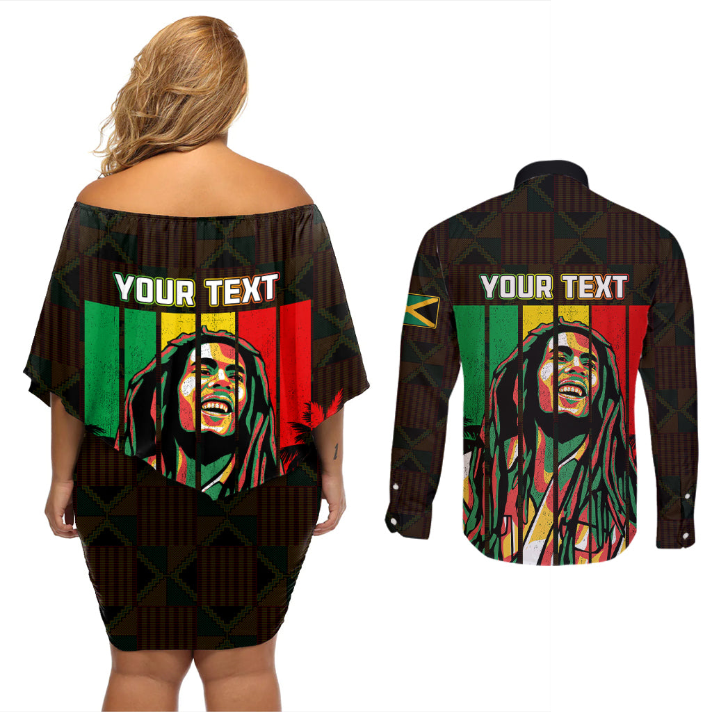 Personalised Jamaica Couples Matching Off Shoulder Short Dress and Long Sleeve Button Shirts Reggae Festival Legend Bob Abstract Portrait LT7 - Wonder Print Shop