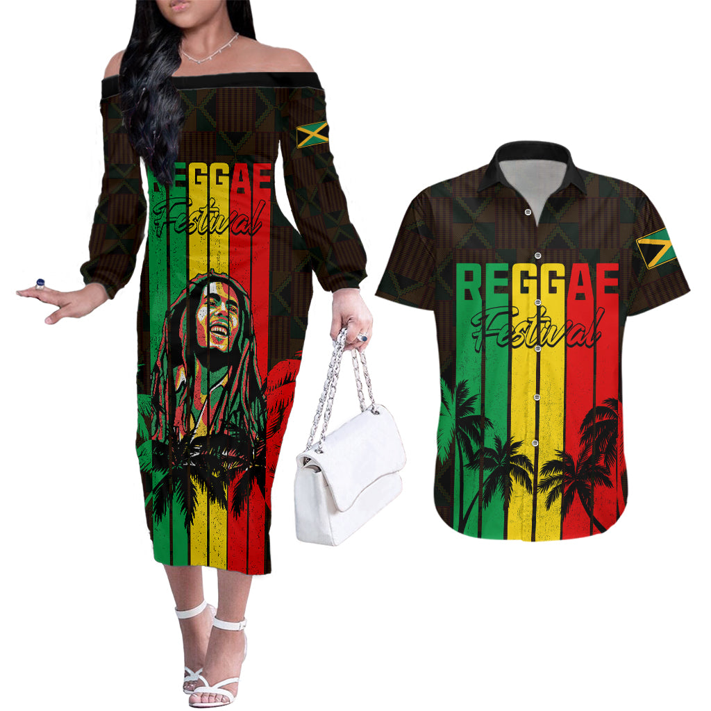 Personalised Jamaica Couples Matching Off The Shoulder Long Sleeve Dress and Hawaiian Shirt Reggae Festival Legend Bob Abstract Portrait LT7 - Wonder Print Shop