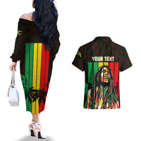 Personalised Jamaica Couples Matching Off The Shoulder Long Sleeve Dress and Hawaiian Shirt Reggae Festival Legend Bob Abstract Portrait LT7 - Wonder Print Shop