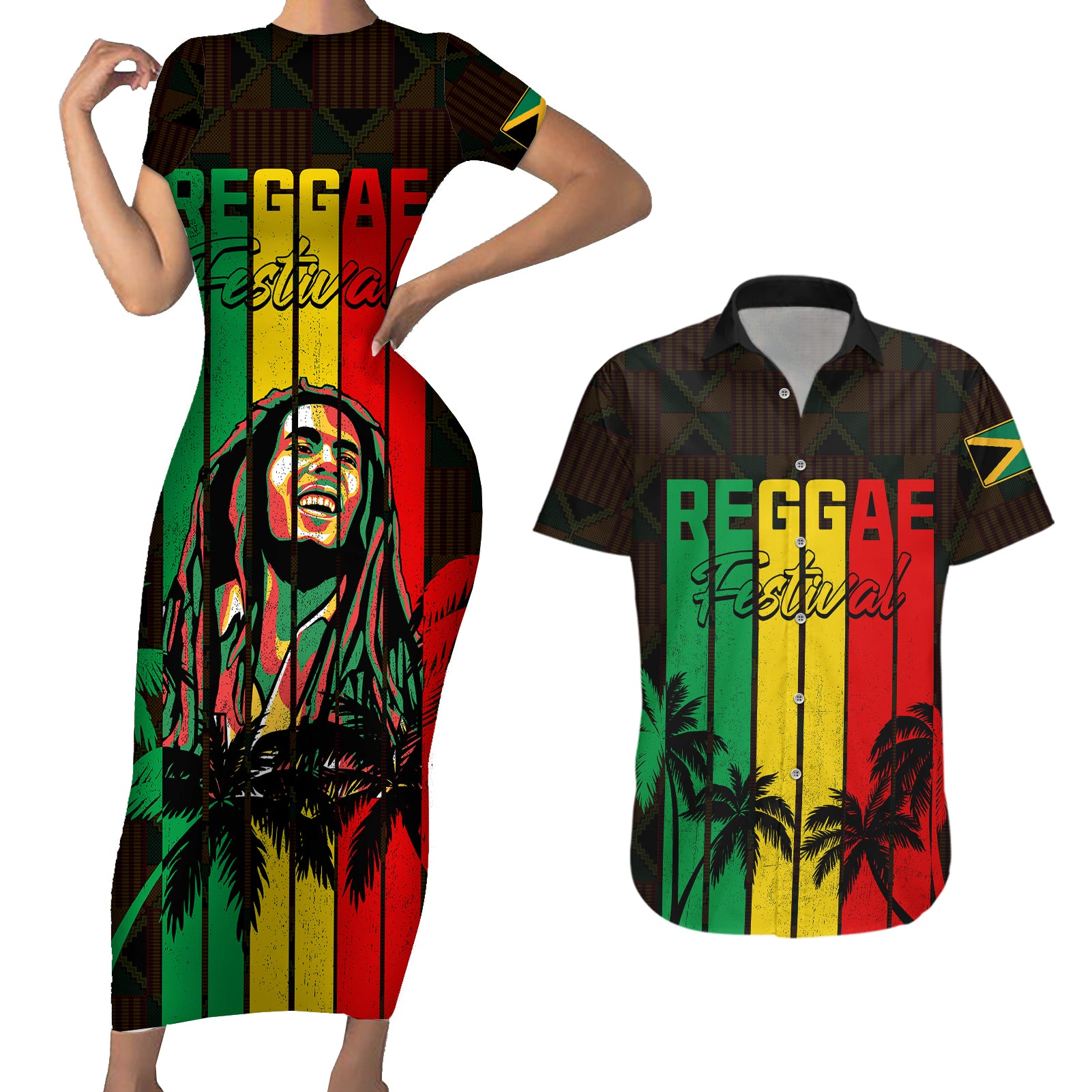 Personalised Jamaica Couples Matching Short Sleeve Bodycon Dress and Hawaiian Shirt Reggae Festival Legend Bob Abstract Portrait LT7 - Wonder Print Shop