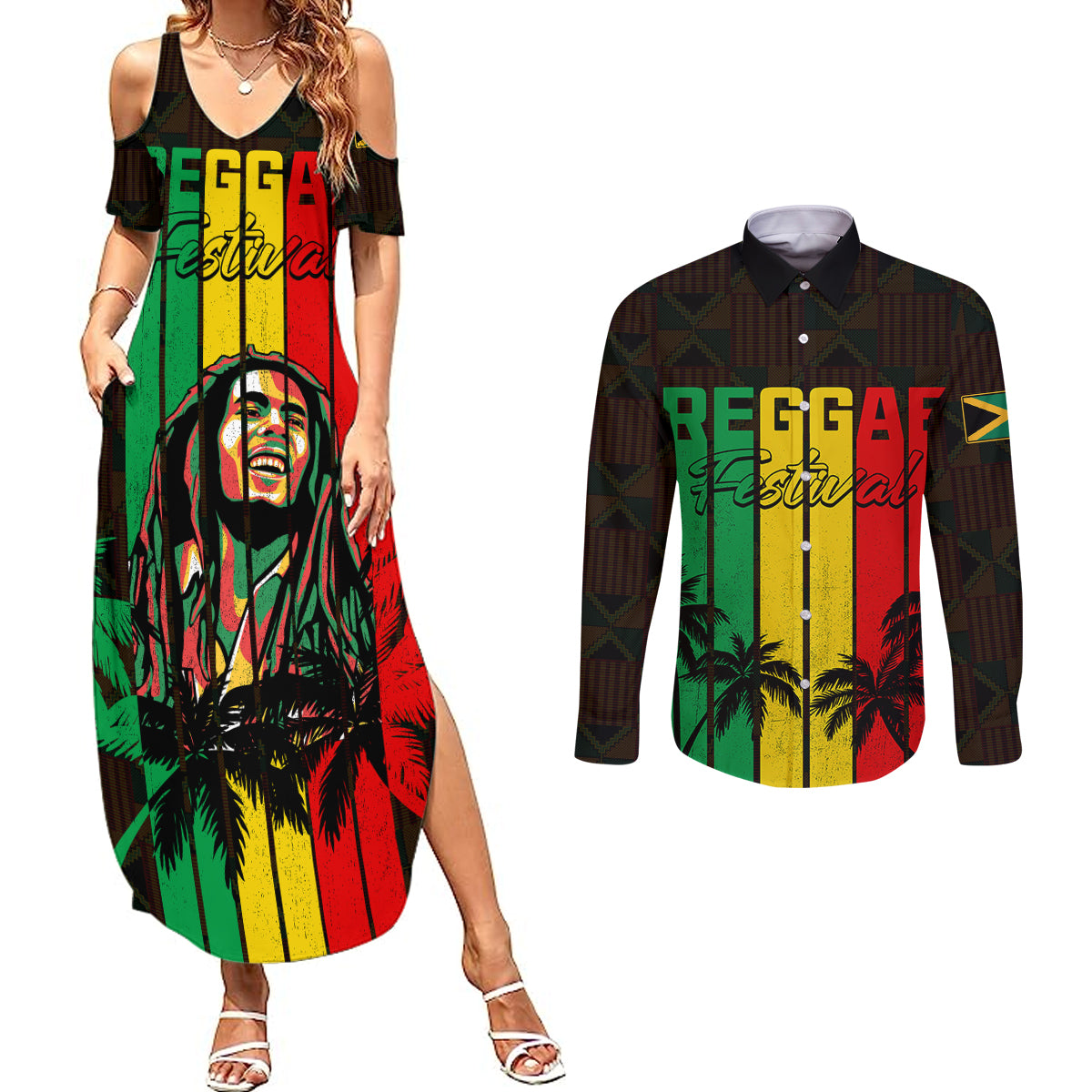 Personalised Jamaica Couples Matching Summer Maxi Dress and Long Sleeve Button Shirts Reggae Festival Legend Bob Abstract Portrait LT7 - Wonder Print Shop