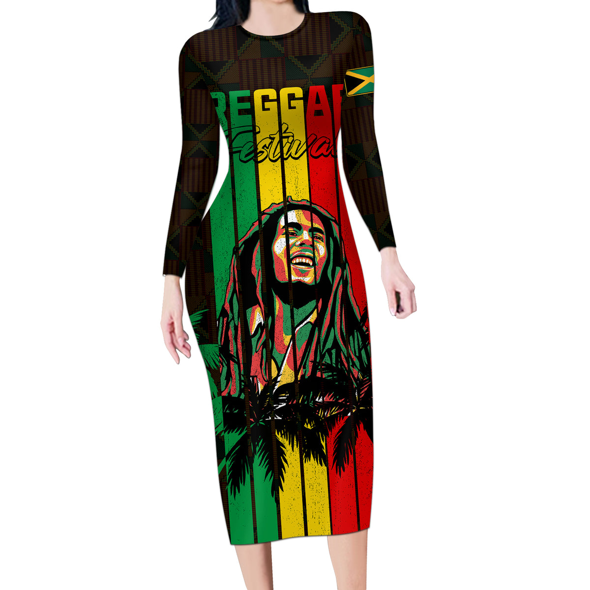 Personalised Jamaica Long Sleeve Bodycon Dress Reggae Festival Legend Bob Abstract Portrait - Wonder Print Shop Personalised Jamaica Long Sleeve Bodycon Dress Reggae Festival Legend Bob Abstract Portrait - Wonder Print Shop