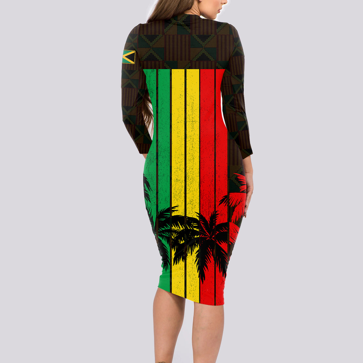 Personalised Jamaica Long Sleeve Bodycon Dress Reggae Festival Legend Bob Abstract Portrait - Wonder Print Shop