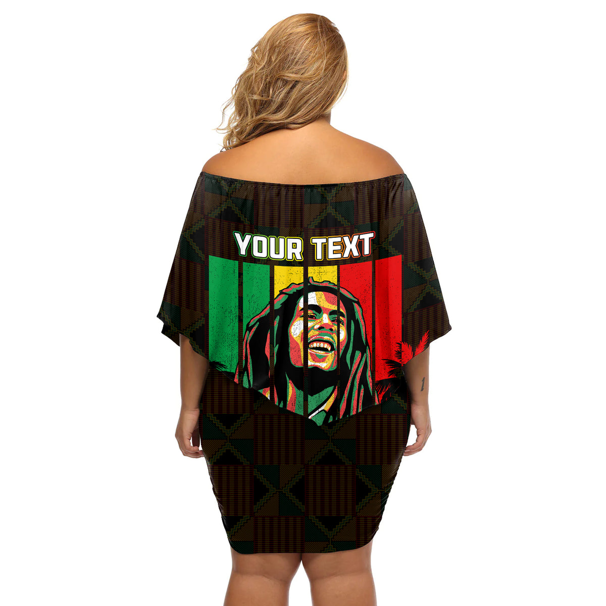 Personalised Jamaica Off Shoulder Short Dress Reggae Festival Legend Bob Abstract Portrait - Wonder Print Shop