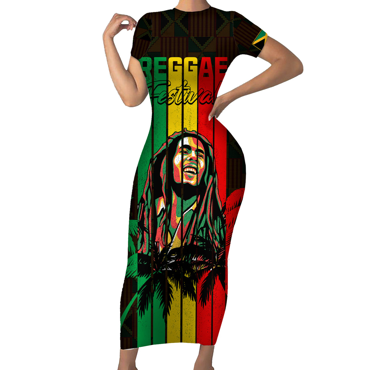 Personalised Jamaica Short Sleeve Bodycon Dress Reggae Festival Legend Bob Abstract Portrait - Wonder Print Shop