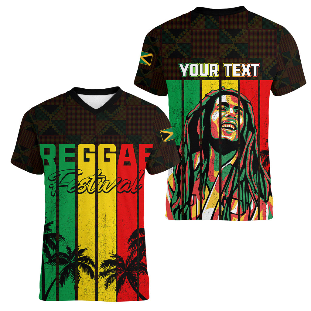 Personalised Jamaica Women V Neck T Shirt Reggae Festival Legend Bob Abstract Portrait - Wonder Print Shop