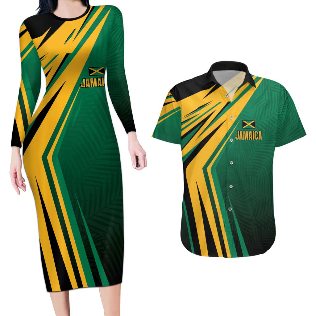 Jamaica Tropical Palm Personalized Couples Matching Long Sleeve Bodycon Dress and Hawaiian Shirt - Wonder Print Shop