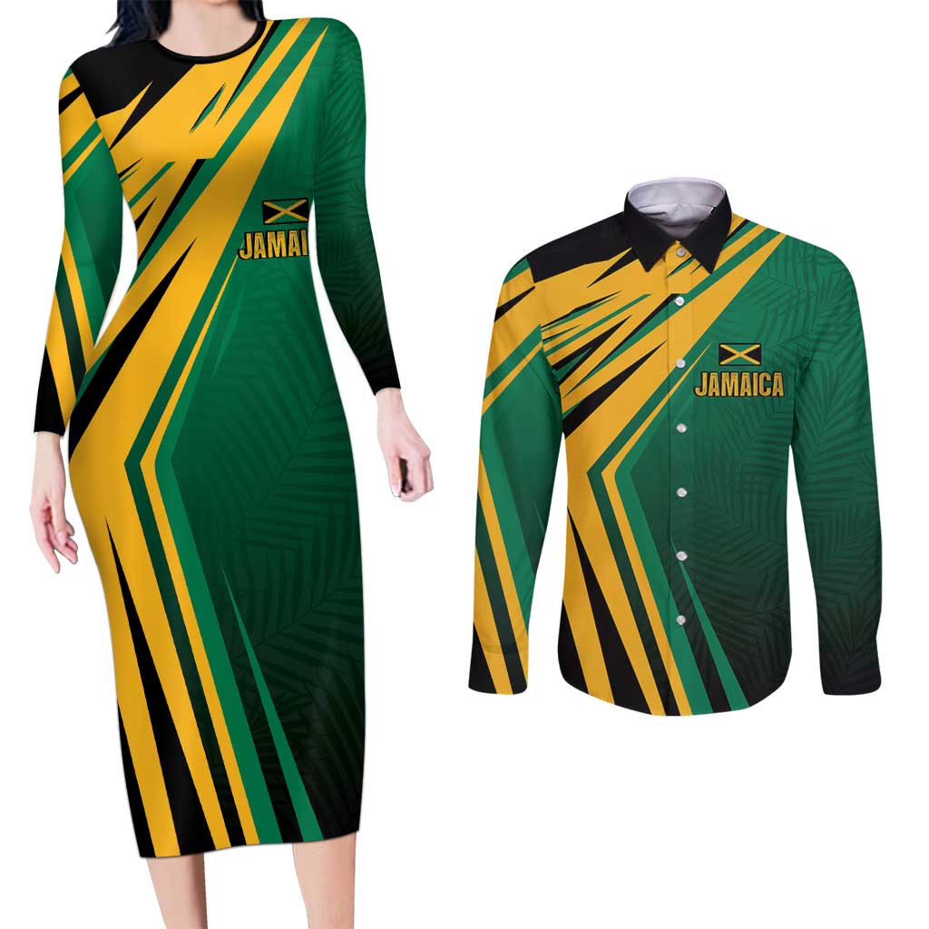Jamaica Tropical Palm Personalized Couples Matching Long Sleeve Bodycon Dress and Long Sleeve Button Shirt - Wonder Print Shop