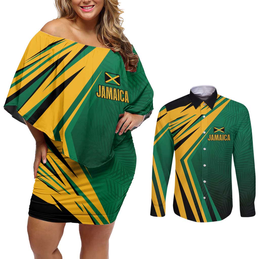 Jamaica Tropical Palm Personalized Couples Matching Off Shoulder Short Dress and Long Sleeve Button Shirt - Wonder Print Shop