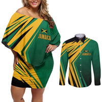 Jamaica Tropical Palm Personalized Couples Matching Off Shoulder Short Dress and Long Sleeve Button Shirt - Wonder Print Shop