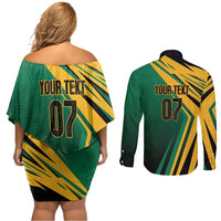 Jamaica Tropical Palm Personalized Couples Matching Off Shoulder Short Dress and Long Sleeve Button Shirt - Wonder Print Shop