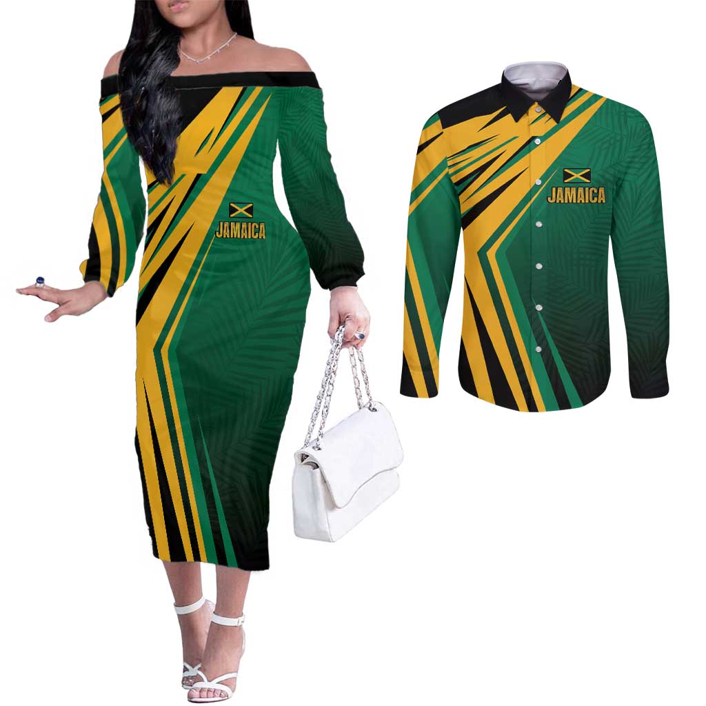 Jamaica Tropical Palm Personalized Couples Matching Off The Shoulder Long Sleeve Dress and Long Sleeve Button Shirt - Wonder Print Shop