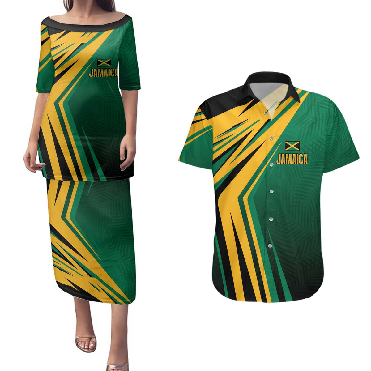 Jamaica Tropical Palm Personalized Couples Matching Puletasi and Hawaiian Shirt - Wonder Print Shop