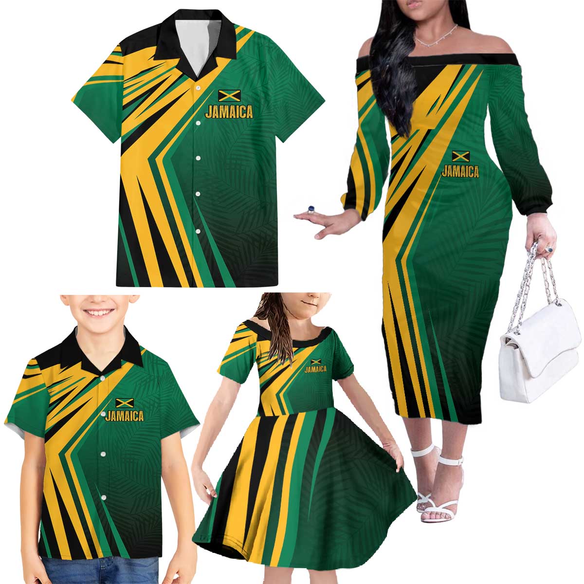 Jamaica Tropical Palm Personalized Family Matching Off The Shoulder Long Sleeve Dress and Hawaiian Shirt - Wonder Print Shop