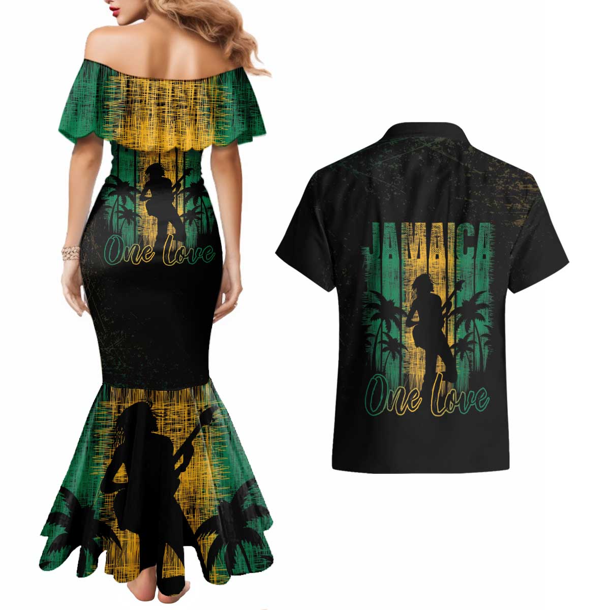 Jamaica One Love Grunge Couples Matching Mermaid Dress and Hawaiian Shirt Jamrock - Wonder Print Shop
