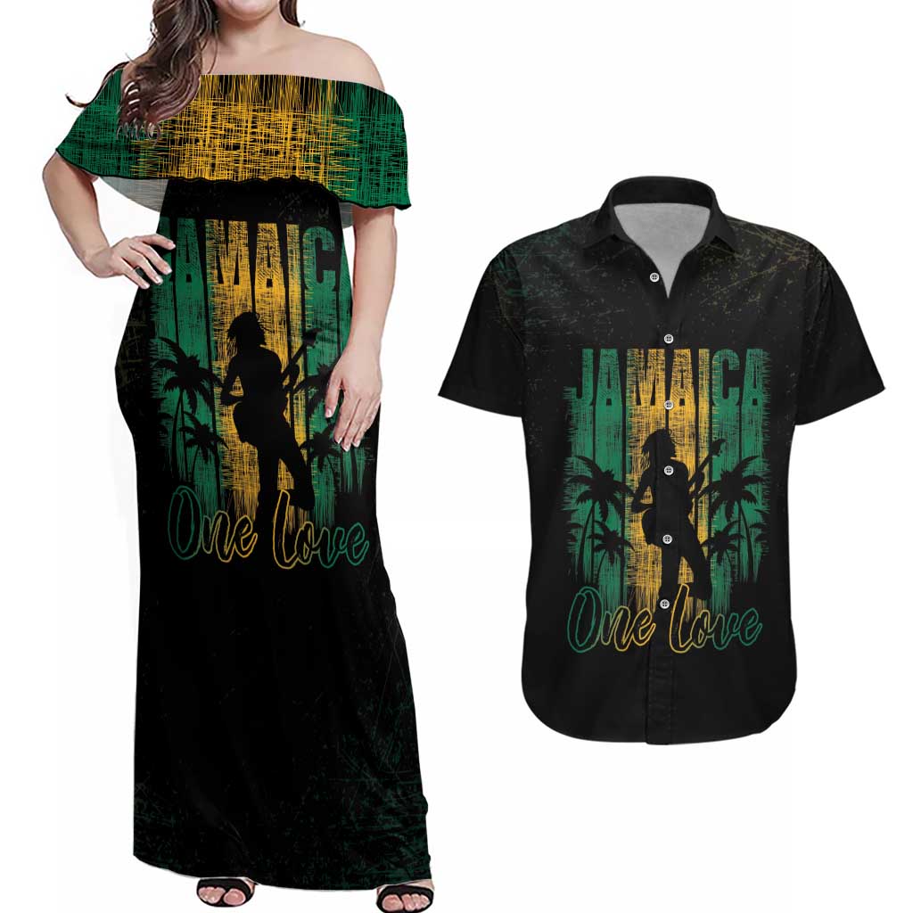 Jamaica One Love Grunge Couples Matching Off Shoulder Maxi Dress and Hawaiian Shirt Jamrock - Wonder Print Shop