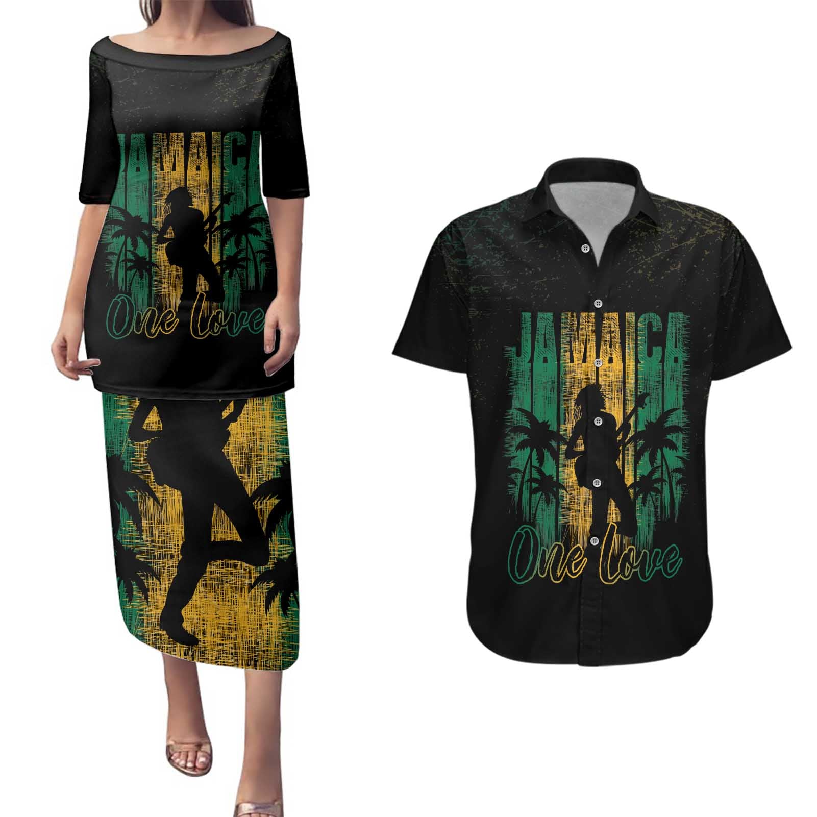 Jamaica One Love Grunge Couples Matching Puletasi and Hawaiian Shirt Jamrock - Wonder Print Shop