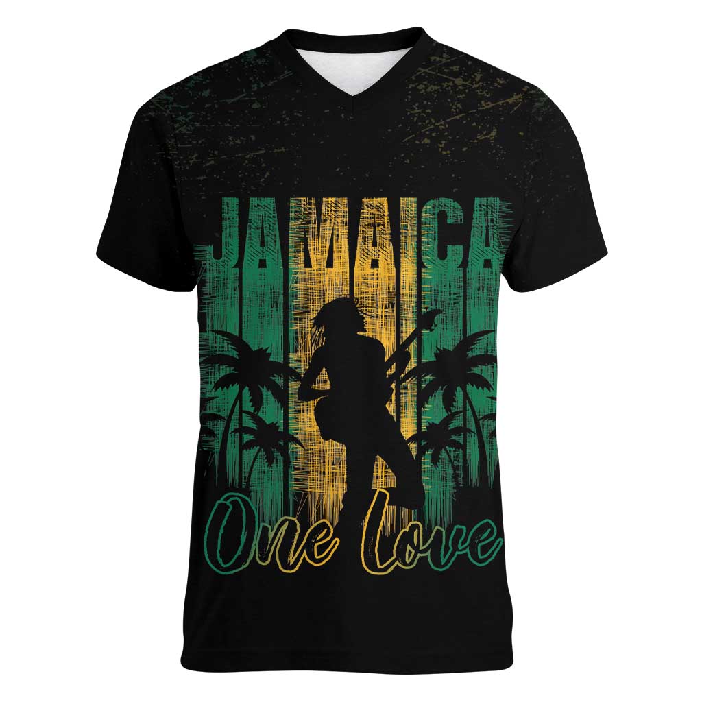 Jamaica One Love Grunge Women V-Neck T-Shirt Jamrock - Wonder Print Shop