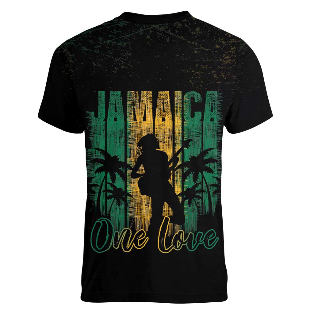 Jamaica One Love Grunge Women V-Neck T-Shirt Jamrock - Wonder Print Shop